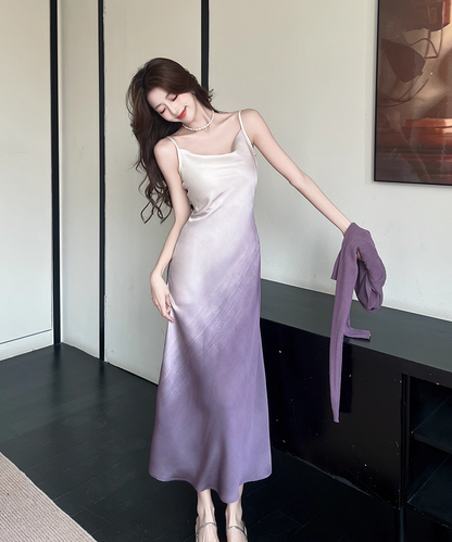 Elegant White & Purple Gradient Maxi Dress Vintage Outdoor Trips Spaghetti Strap Ruched Neckline Long Dress AP1636