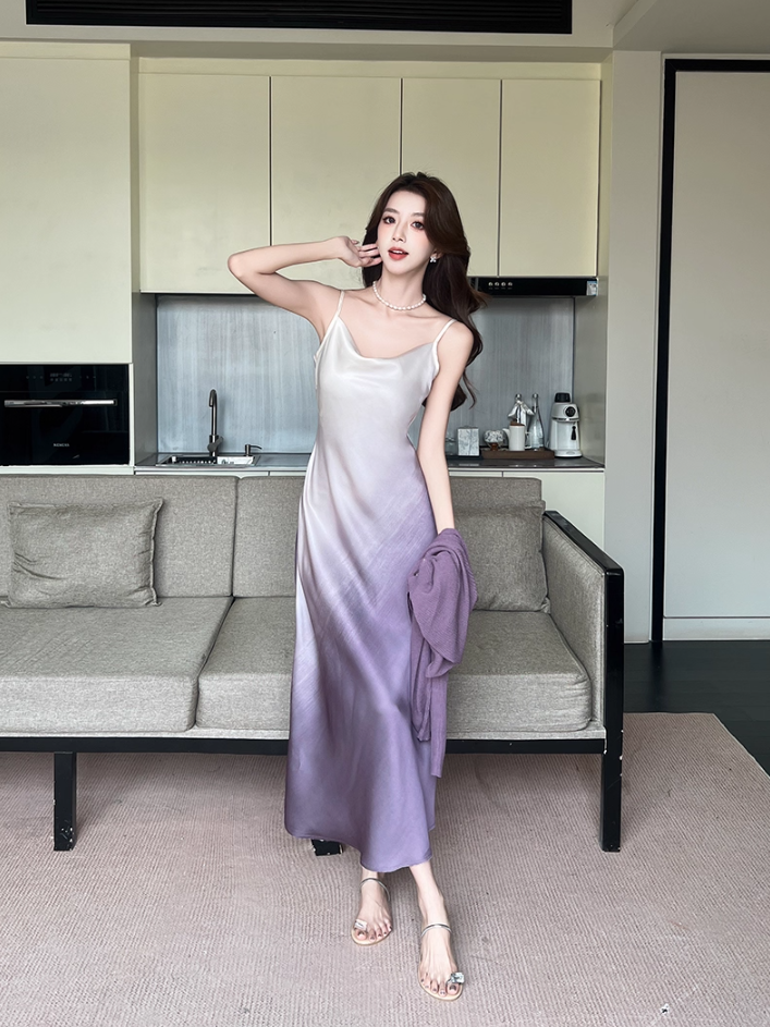 Elegant White & Purple Gradient Maxi Dress Vintage Outdoor Trips Spaghetti Strap Ruched Neckline Long Dress AP1636