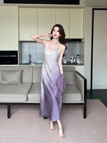 Elegant White & Purple Gradient Maxi Dress Vintage Outdoor Trips Spaghetti Strap Ruched Neckline Long Dress AP1636