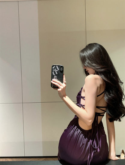 French Style Purple Crisscross Tie-Back Maxi Dress Vintage High-Slit Outdoor Trips Spaghetti Strap Long Dress AP1637