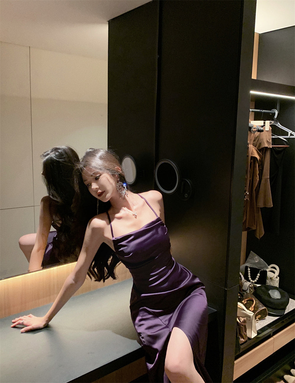 French Style Purple Crisscross Tie-Back Maxi Dress Vintage High-Slit Outdoor Trips Spaghetti Strap Long Dress AP1637