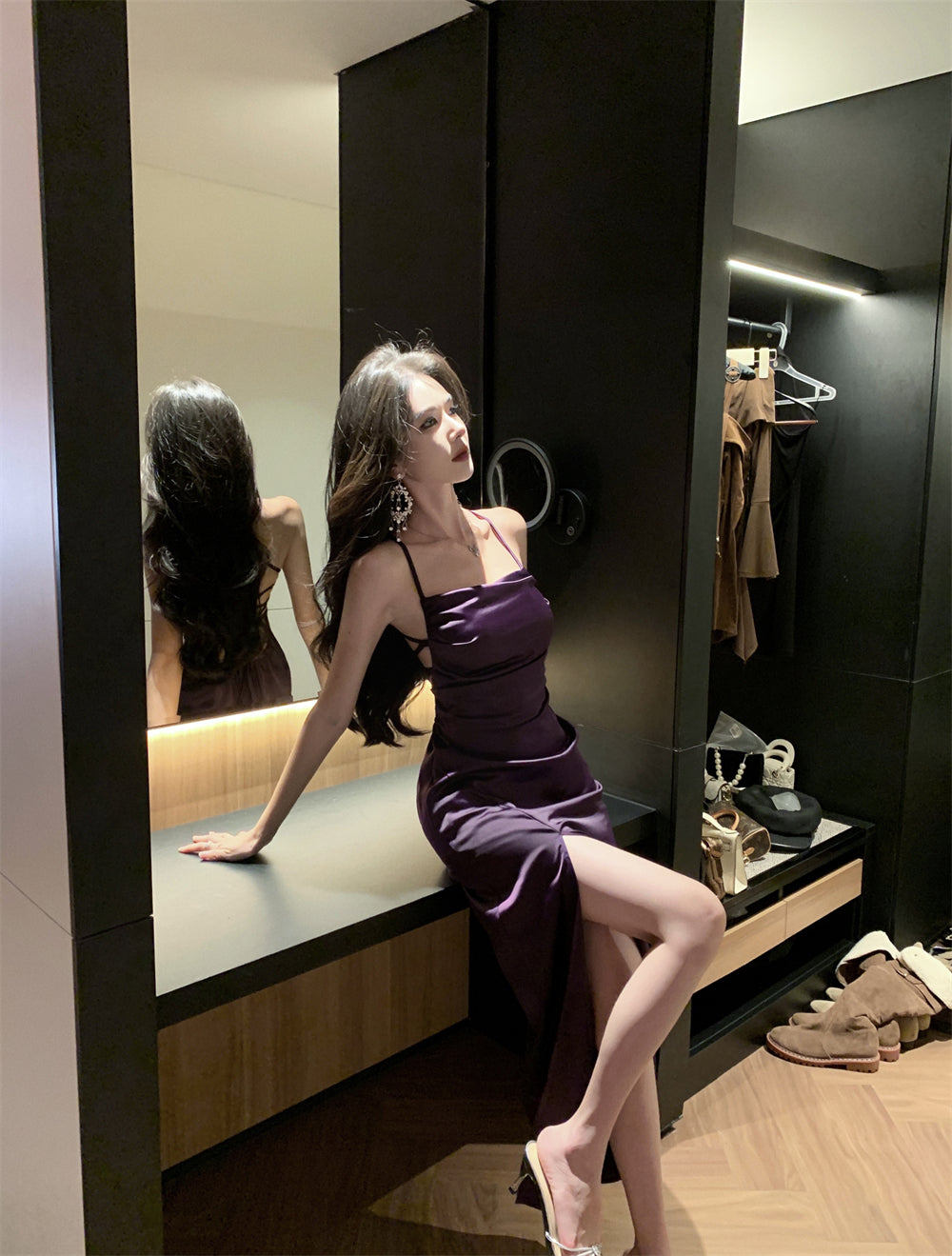 French Style Purple Crisscross Tie-Back Maxi Dress Vintage High-Slit Outdoor Trips Spaghetti Strap Long Dress AP1637