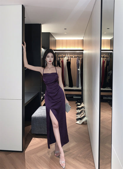 French Style Purple Crisscross Tie-Back Maxi Dress Vintage High-Slit Outdoor Trips Spaghetti Strap Long Dress AP1637