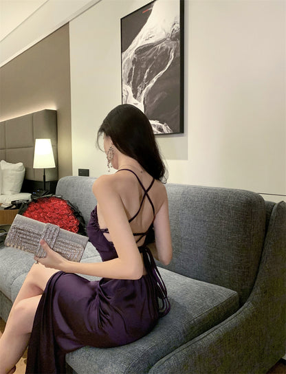 French Style Purple Crisscross Tie-Back Maxi Dress Vintage High-Slit Outdoor Trips Spaghetti Strap Long Dress AP1637