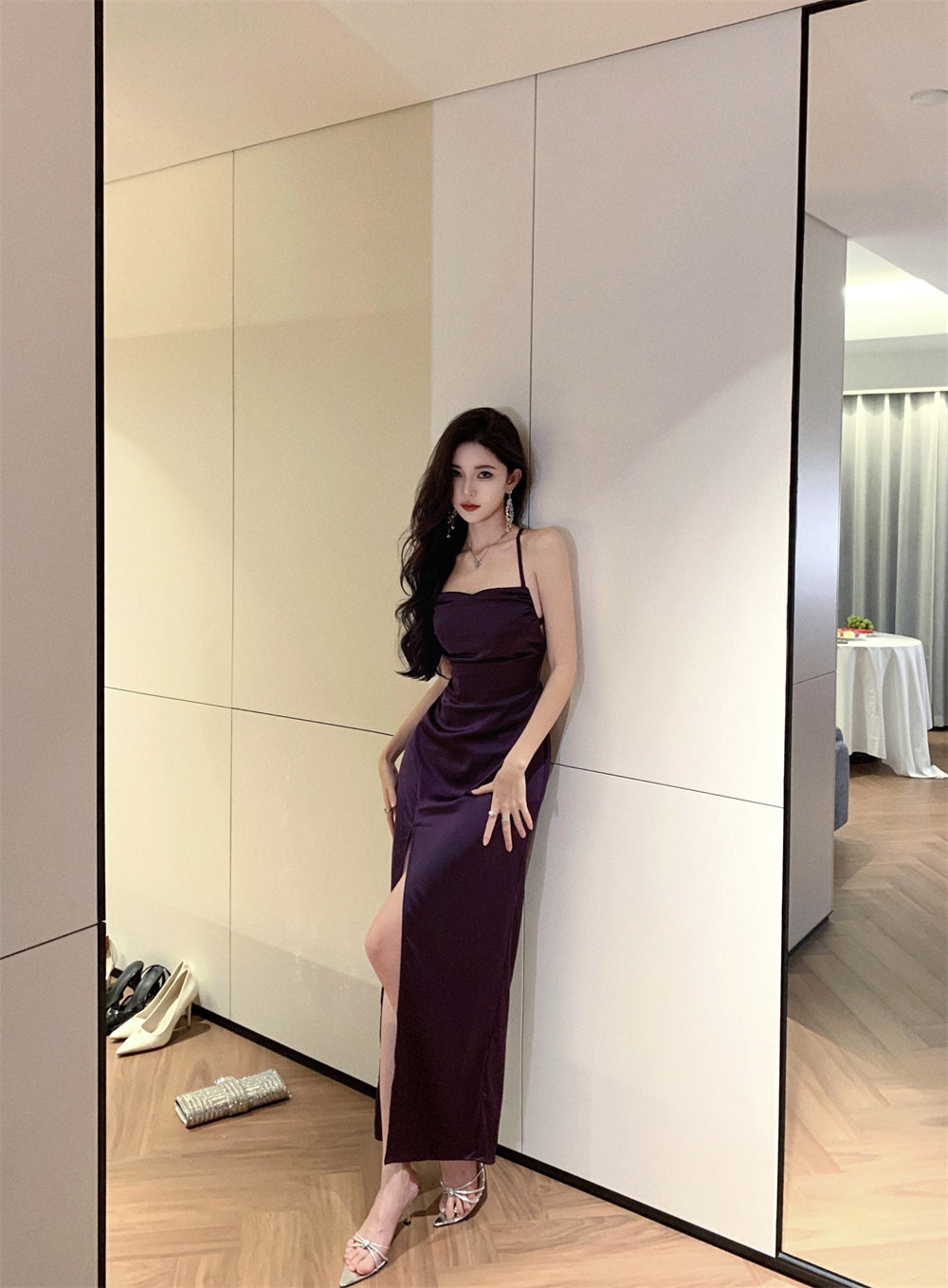 French Style Purple Crisscross Tie-Back Maxi Dress Vintage High-Slit Outdoor Trips Spaghetti Strap Long Dress AP1637