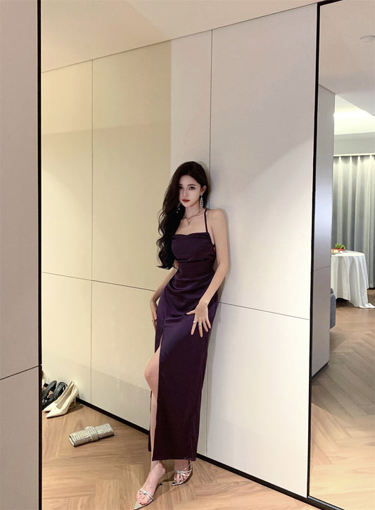 French Style Purple Crisscross Tie-Back Maxi Dress Vintage High-Slit Outdoor Trips Spaghetti Strap Long Dress AP1637