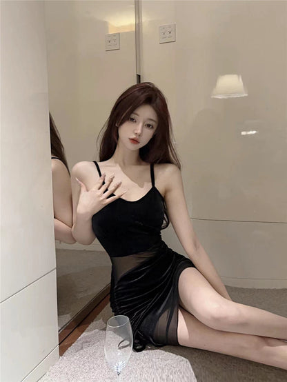 Alluring Black Sheer Mesh Overlay Mini Skirt Sexy Spaghetti Strap Stylish Events Short Dress AP1638