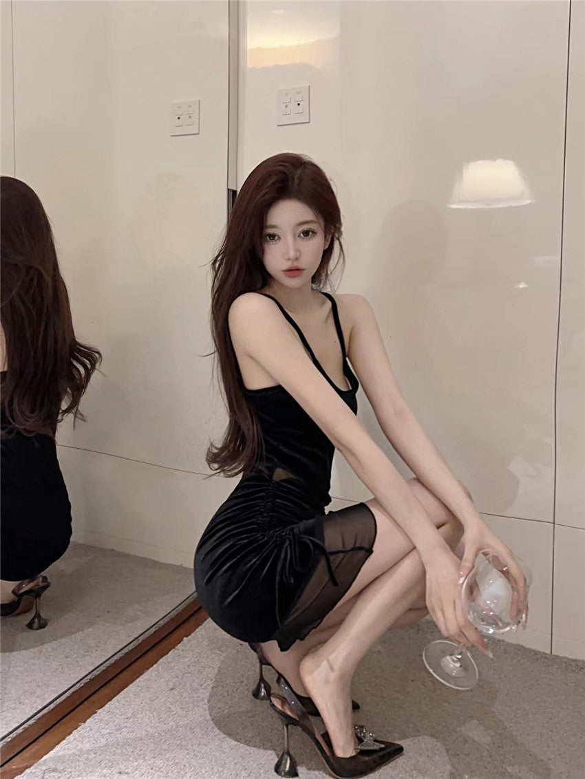 Alluring Black Sheer Mesh Overlay Mini Skirt Sexy Spaghetti Strap Stylish Events Short Dress AP1638