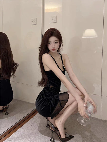 Alluring Black Sheer Mesh Overlay Mini Skirt Sexy Spaghetti Strap Stylish Events Short Dress AP1638