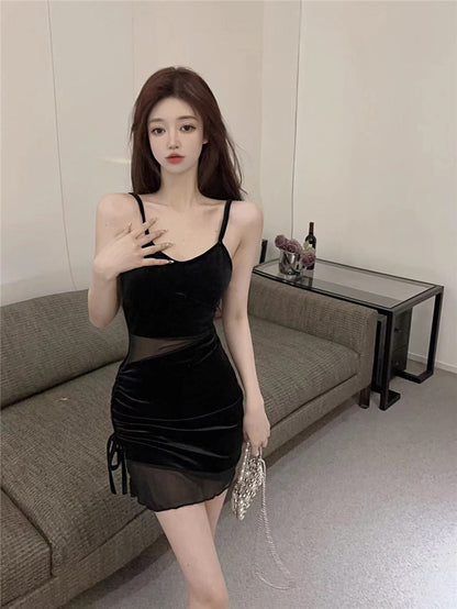 Alluring Black Sheer Mesh Overlay Mini Skirt Sexy Spaghetti Strap Stylish Events Short Dress AP1638