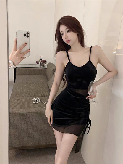 Alluring Black Sheer Mesh Overlay Mini Skirt Sexy Spaghetti Strap Stylish Events Short Dress AP1638