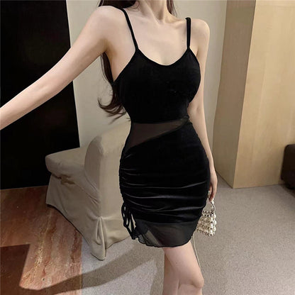 Alluring Black Sheer Mesh Overlay Mini Skirt Sexy Spaghetti Strap Stylish Events Short Dress AP1638