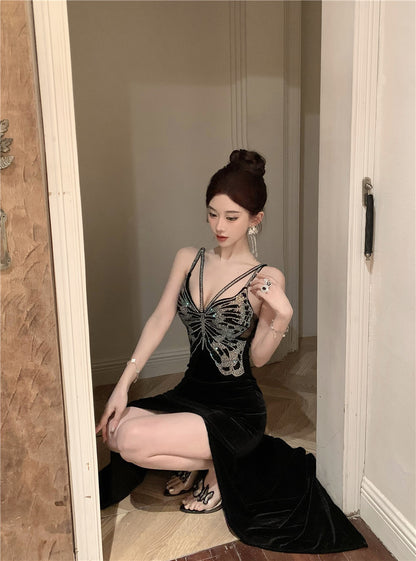 Chic Black Velvet Sequin Butterfly Maxi Dress Vogue Feast Outfit Side Slit Spaghetti Strap Long Dress AP1642