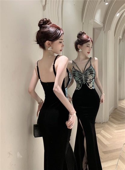 Chic Black Velvet Sequin Butterfly Maxi Dress Vogue Feast Outfit Side Slit Spaghetti Strap Long Dress AP1642