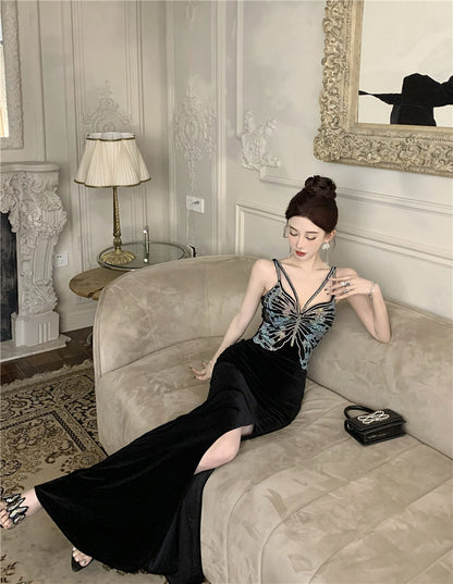 Chic Black Velvet Sequin Butterfly Maxi Dress Vogue Feast Outfit Side Slit Spaghetti Strap Long Dress AP1642