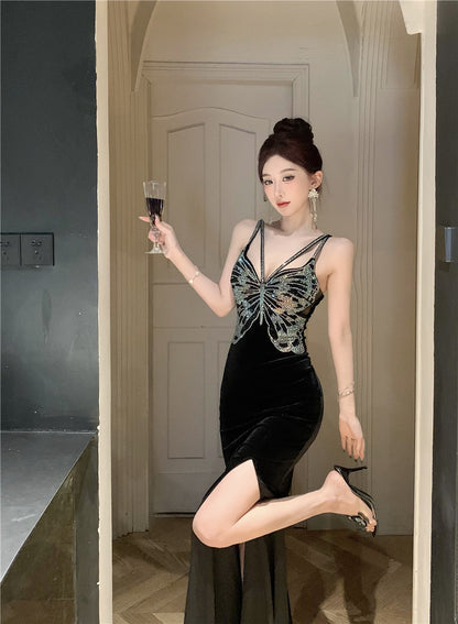 Chic Black Velvet Sequin Butterfly Maxi Dress Vogue Feast Outfit Side Slit Spaghetti Strap Long Dress AP1642