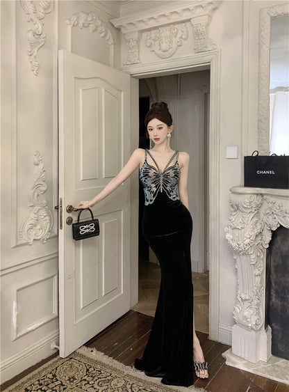 Chic Black Velvet Sequin Butterfly Maxi Dress Vogue Feast Outfit Side Slit Spaghetti Strap Long Dress AP1642