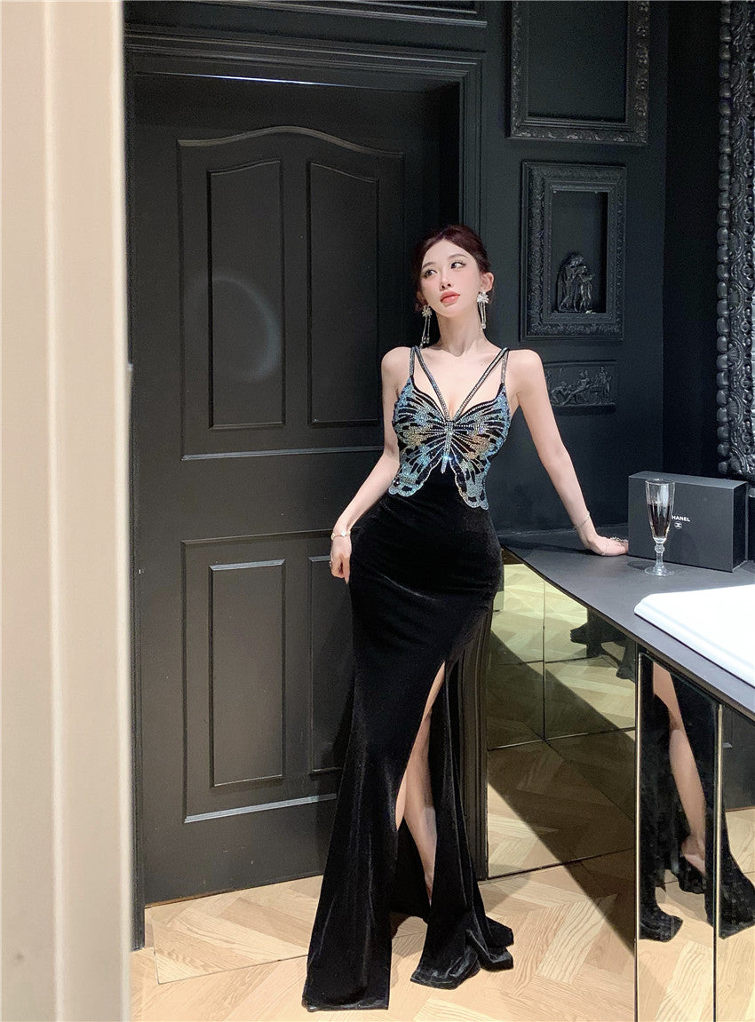 Chic Black Velvet Sequin Butterfly Maxi Dress Vogue Feast Outfit Side Slit Spaghetti Strap Long Dress AP1642