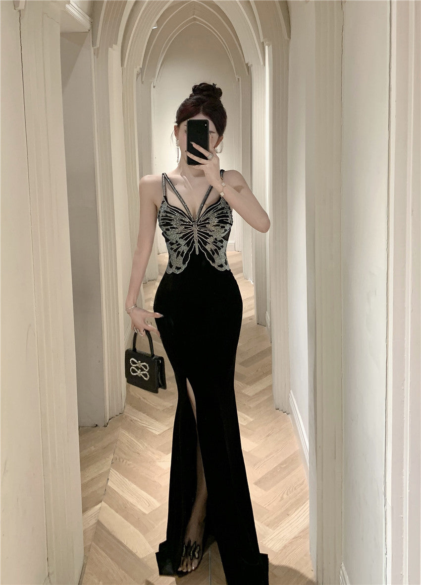 Chic Black Velvet Sequin Butterfly Maxi Dress Vogue Feast Outfit Side Slit Spaghetti Strap Long Dress AP1642