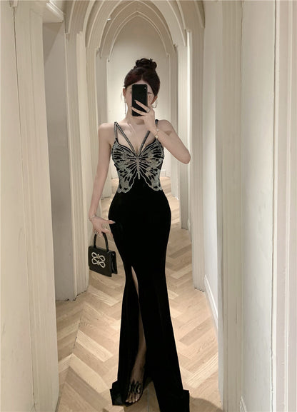Chic Black Velvet Sequin Butterfly Maxi Dress Vogue Feast Outfit Side Slit Spaghetti Strap Long Dress AP1642