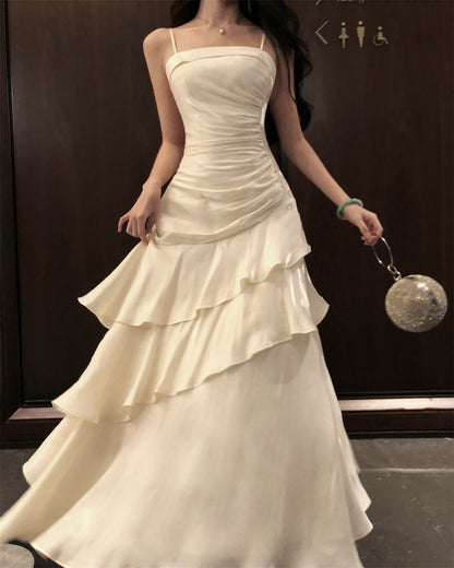 New Fashion Satin Ivory Spaghetti Strap Evening Maxi Dress Elegant Ruched Bodice with Layered Ruffle Long Dress AP1643