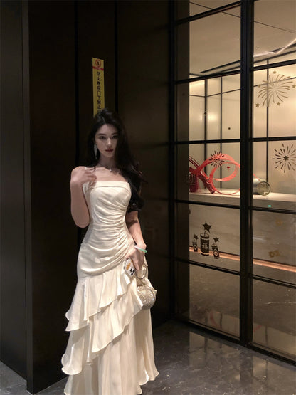 New Fashion Satin Ivory Spaghetti Strap Evening Maxi Dress Elegant Ruched Bodice with Layered Ruffle Long Dress AP1643