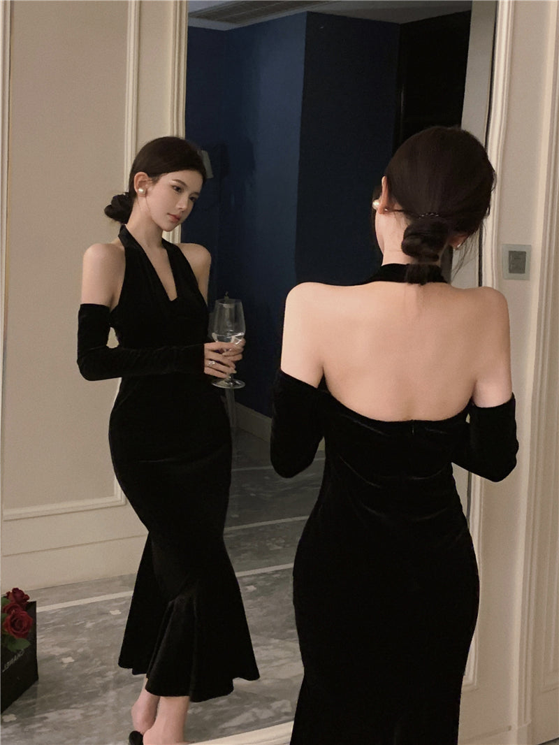 Classical Long Detachable Sleeve Black Velvet Maxi Dress Niche Feast Outfit Bodycon Mermaid Hem Backless Halter Long Dress AP1644
