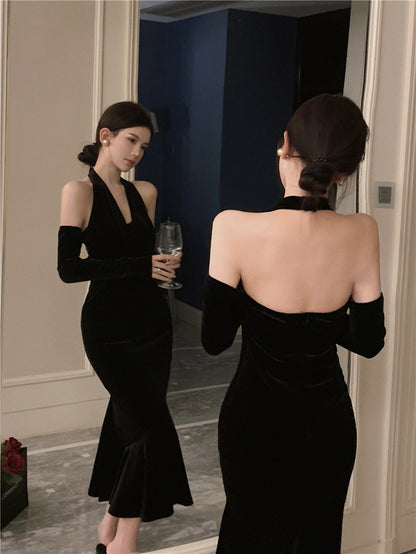 Classical Long Detachable Sleeve Black Velvet Maxi Dress Niche Feast Outfit Bodycon Mermaid Hem Backless Halter Long Dress AP1644