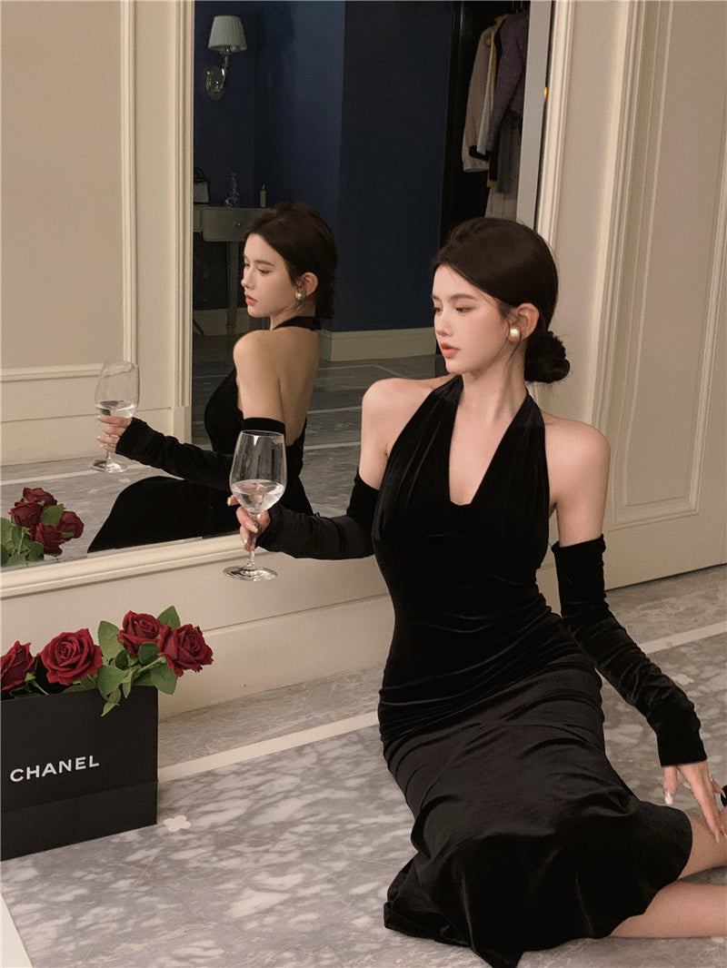 Classical Long Detachable Sleeve Black Velvet Maxi Dress Niche Feast Outfit Bodycon Mermaid Hem Backless Halter Long Dress AP1644