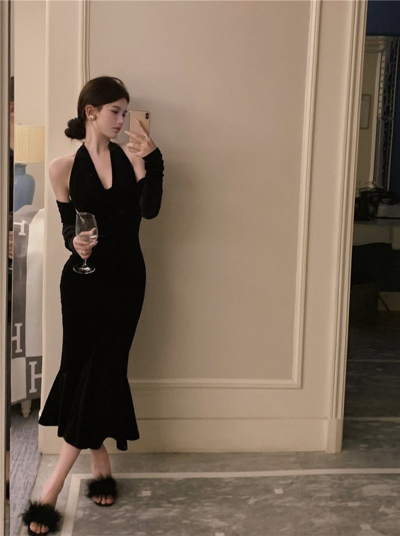 Classical Long Detachable Sleeve Black Velvet Maxi Dress Niche Feast Outfit Bodycon Mermaid Hem Backless Halter Long Dress AP1644