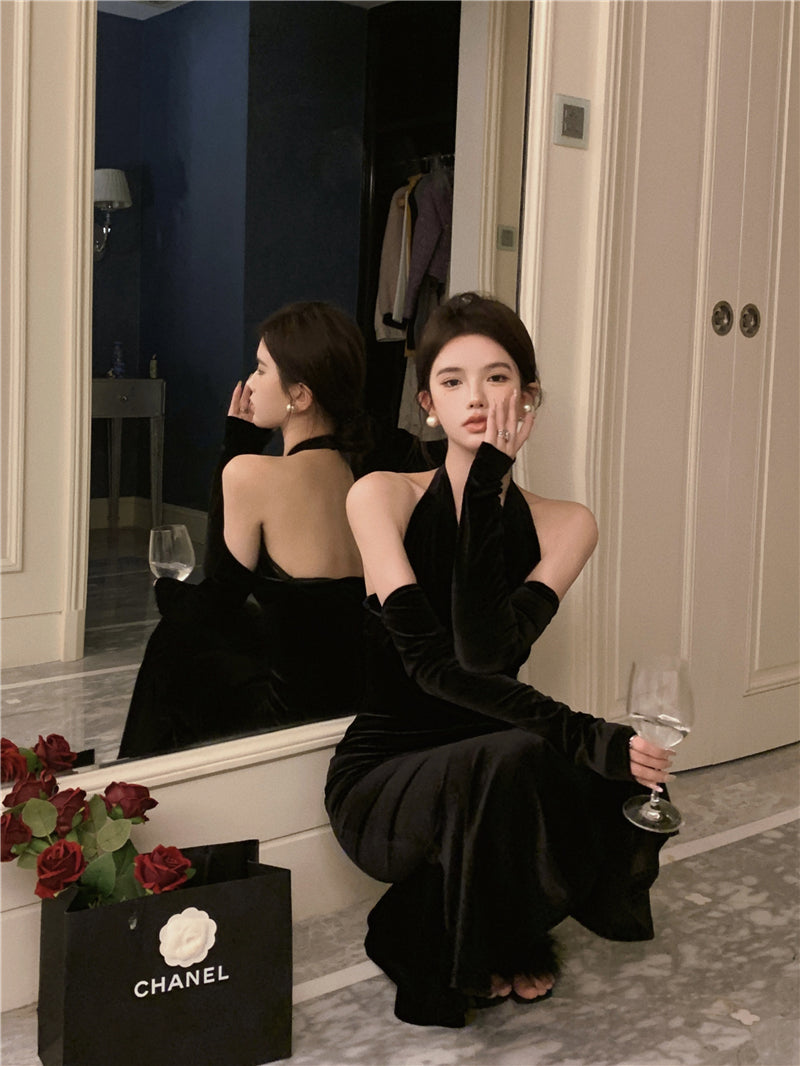 Classical Long Detachable Sleeve Black Velvet Maxi Dress Niche Feast Outfit Bodycon Mermaid Hem Backless Halter Long Dress AP1644