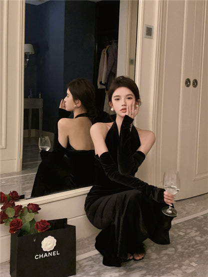 Classical Long Detachable Sleeve Black Velvet Maxi Dress Niche Feast Outfit Bodycon Mermaid Hem Backless Halter Long Dress AP1644