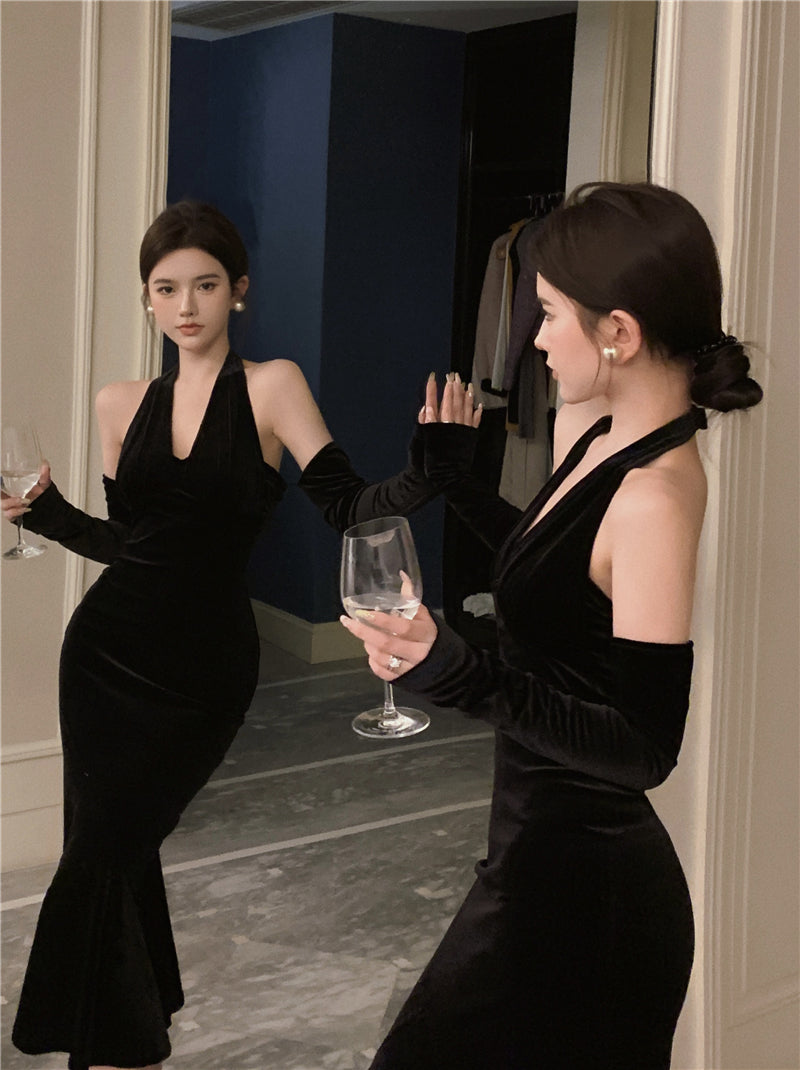 Classical Long Detachable Sleeve Black Velvet Maxi Dress Niche Feast Outfit Bodycon Mermaid Hem Backless Halter Long Dress AP1644
