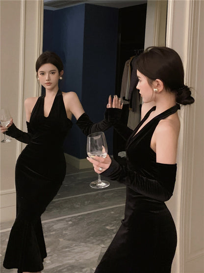 Classical Long Detachable Sleeve Black Velvet Maxi Dress Niche Feast Outfit Bodycon Mermaid Hem Backless Halter Long Dress AP1644