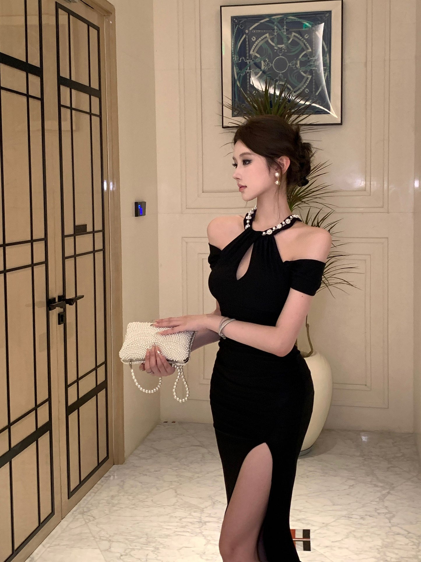 Charming Pearl Neckline Side Slit Maxi Dress Fantastic Black Off-Shoulder Slim-Fit Halter Long Dress AP1645