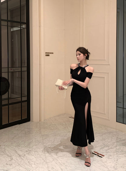 Charming Pearl Neckline Side Slit Maxi Dress Fantastic Black Off-Shoulder Slim-Fit Halter Long Dress AP1645