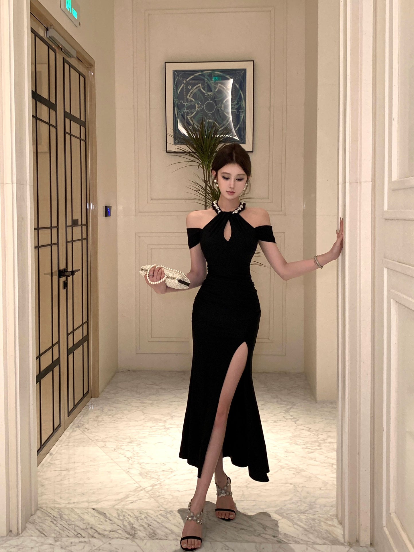 Charming Pearl Neckline Side Slit Maxi Dress Fantastic Black Off-Shoulder Slim-Fit Halter Long Dress AP1645