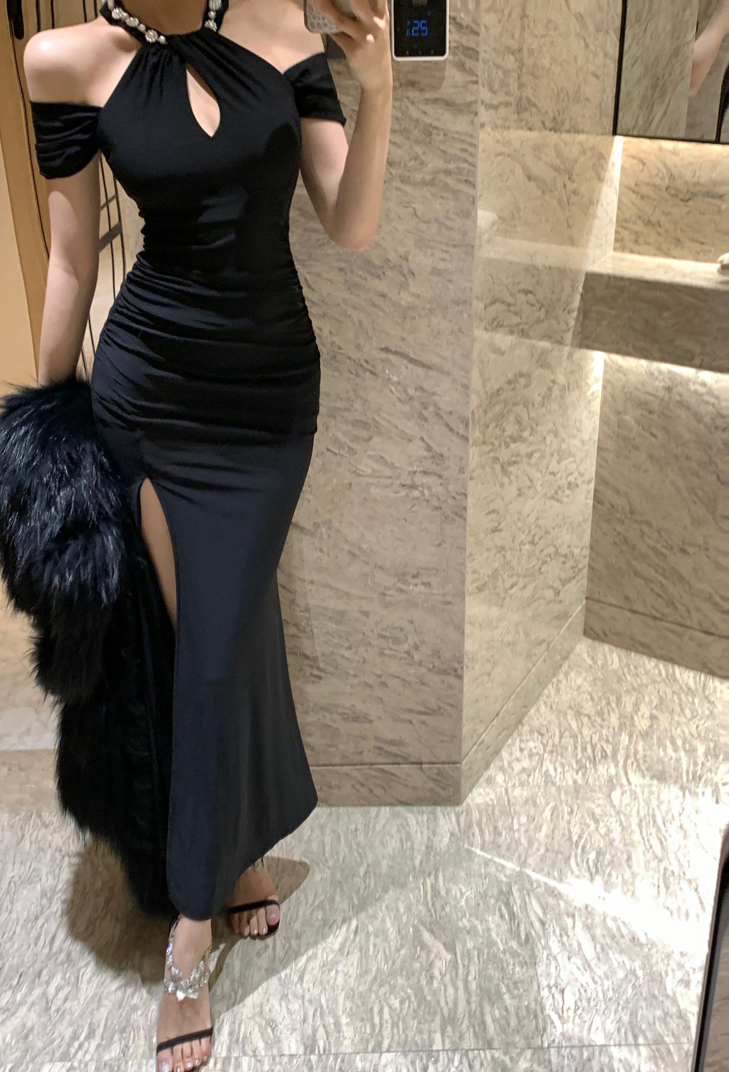 Charming Pearl Neckline Side Slit Maxi Dress Fantastic Black Off-Shoulder Slim-Fit Halter Long Dress AP1645