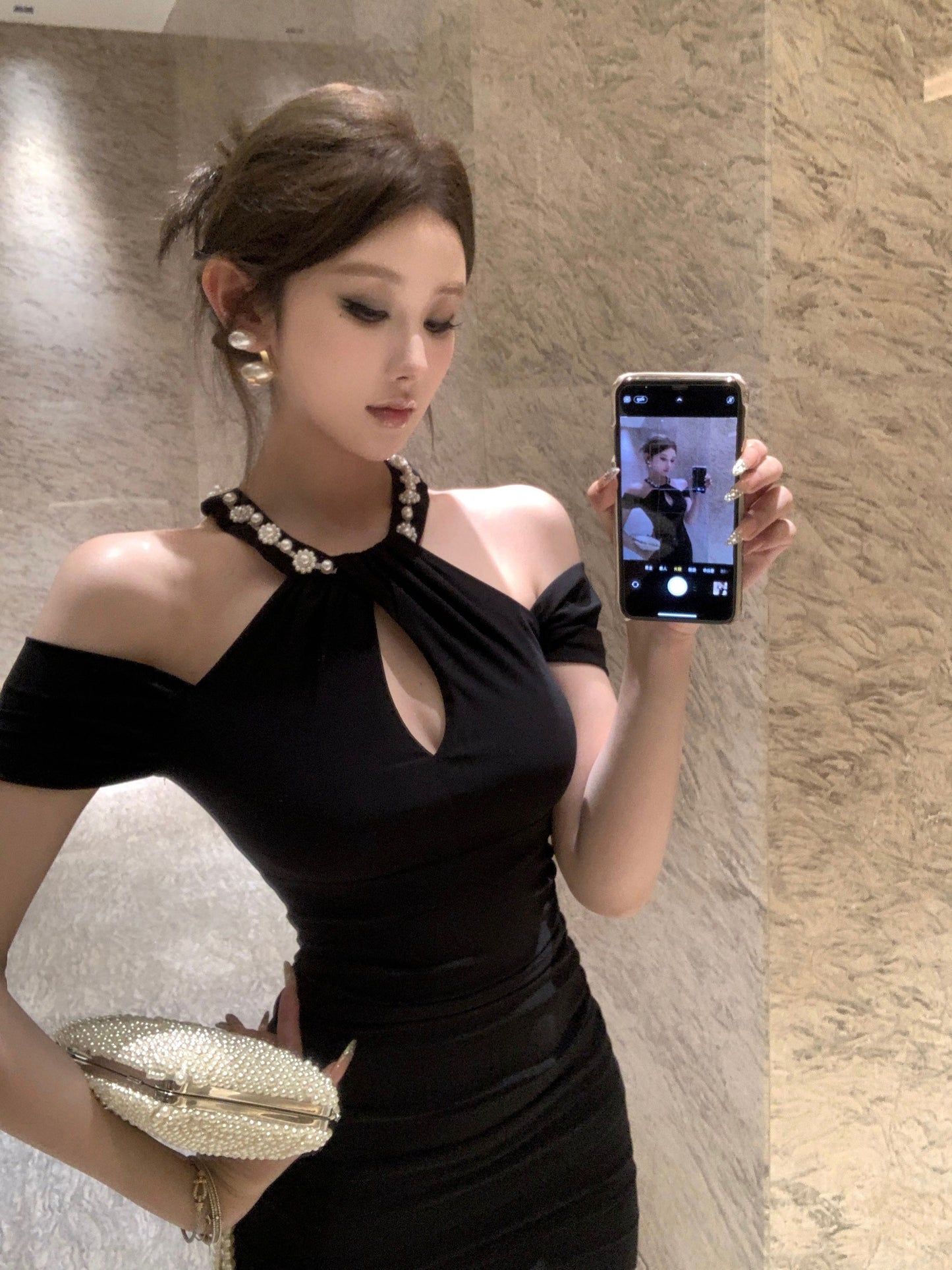 Charming Pearl Neckline Side Slit Maxi Dress Fantastic Black Off-Shoulder Slim-Fit Halter Long Dress AP1645