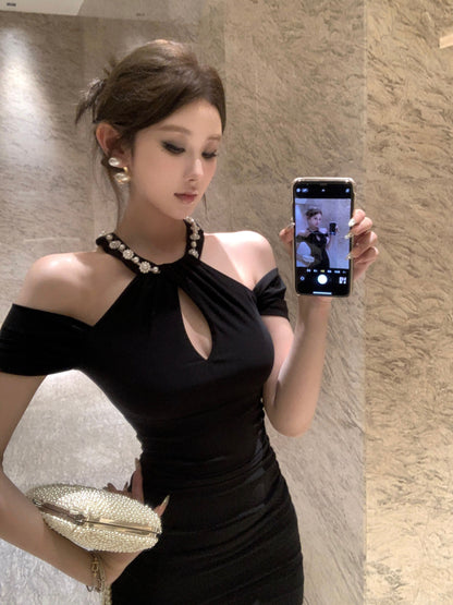 Charming Pearl Neckline Side Slit Maxi Dress Fantastic Black Off-Shoulder Slim-Fit Halter Long Dress AP1645