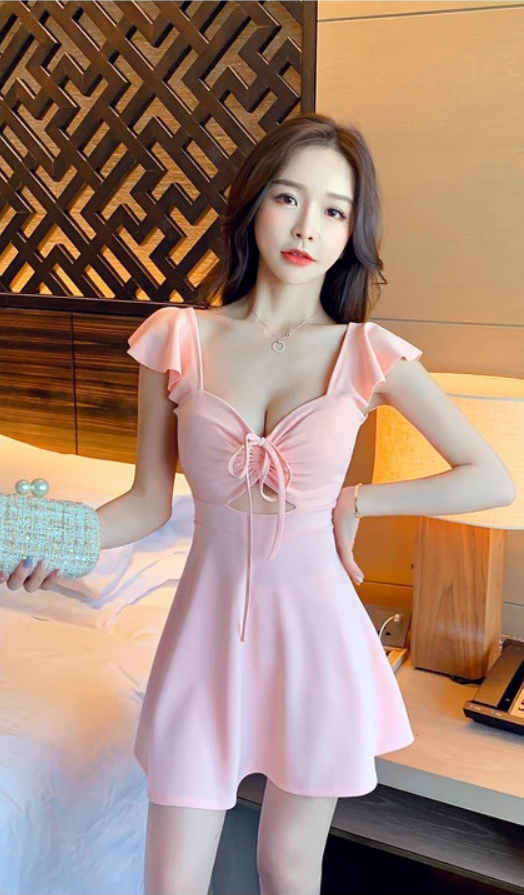 Alluring A-Line Pink Cinched-Waist Mini Skirt Newest Parties Outfit Flutter Strap Cutout Short Dress AP1646