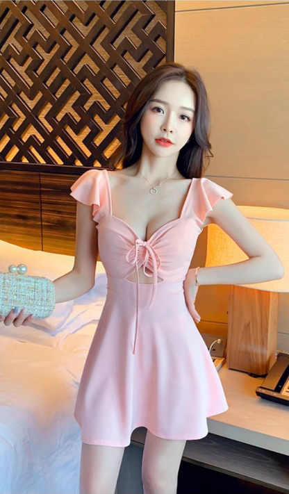 Alluring A-Line Pink Cinched-Waist Mini Skirt Newest Parties Outfit Flutter Strap Cutout Short Dress AP1646