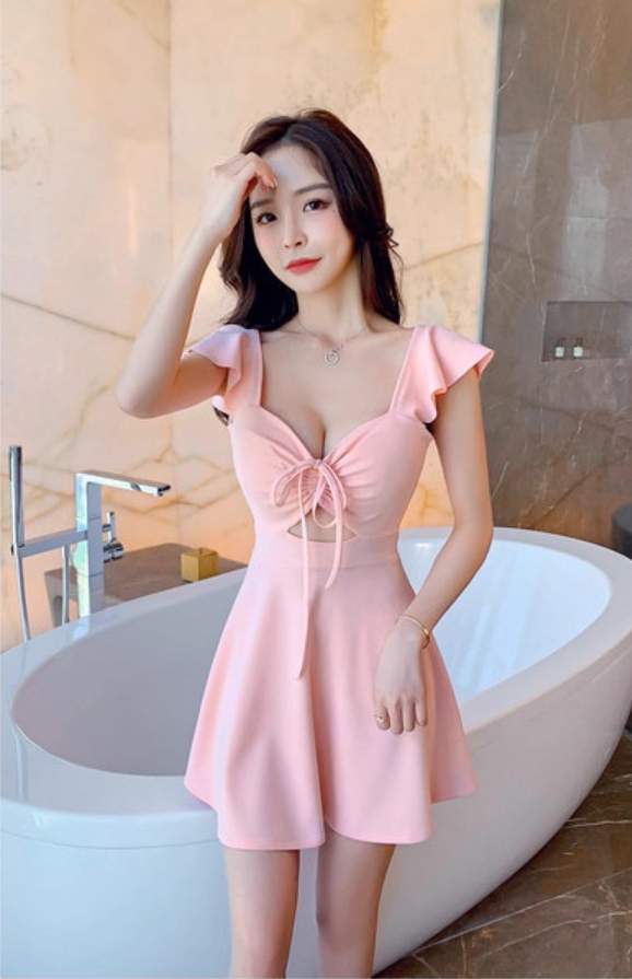 Alluring A-Line Pink Cinched-Waist Mini Skirt Newest Parties Outfit Flutter Strap Cutout Short Dress AP1646
