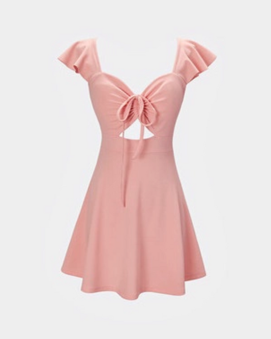 Alluring A-Line Pink Cinched-Waist Mini Skirt Newest Parties Outfit Flutter Strap Cutout Short Dress AP1646