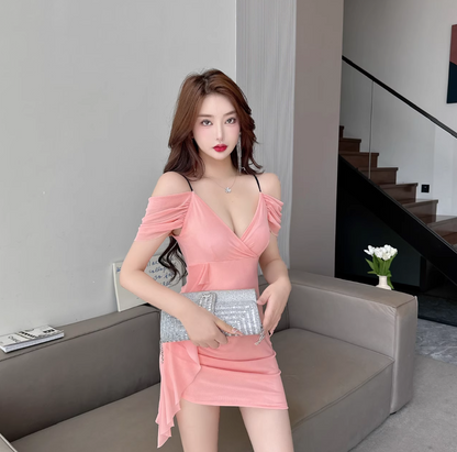 New Fashion Pink Cinched-Waist Ruched Mini Skirt Cute Parties Outfit Spaghetti Strap Bodycon Short Dress AP1647