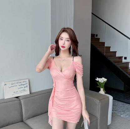 New Fashion Pink Cinched-Waist Ruched Mini Skirt Cute Parties Outfit Spaghetti Strap Bodycon Short Dress AP1647