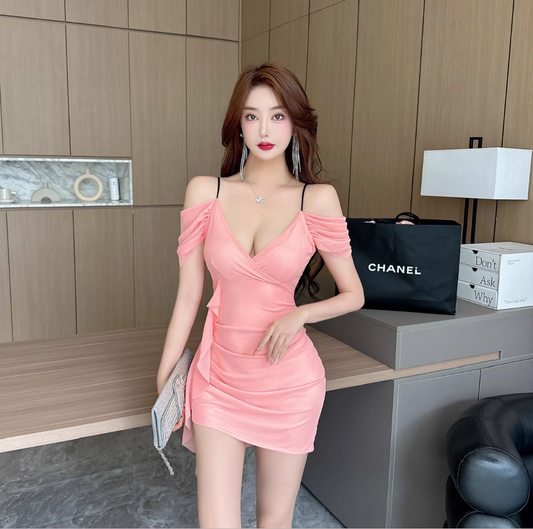 New Fashion Pink Cinched-Waist Ruched Mini Skirt Cute Parties Outfit Spaghetti Strap Bodycon Short Dress AP1647