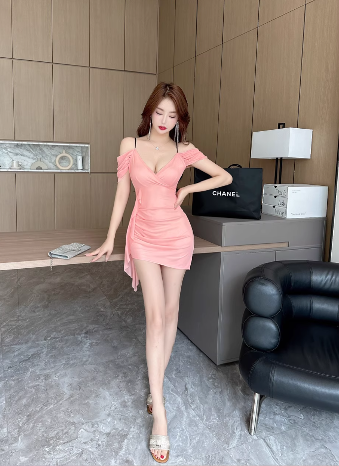 New Fashion Pink Cinched-Waist Ruched Mini Skirt Cute Parties Outfit Spaghetti Strap Bodycon Short Dress AP1647