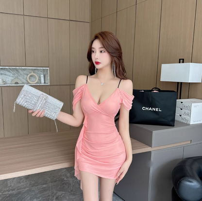New Fashion Pink Cinched-Waist Ruched Mini Skirt Cute Parties Outfit Spaghetti Strap Bodycon Short Dress AP1647