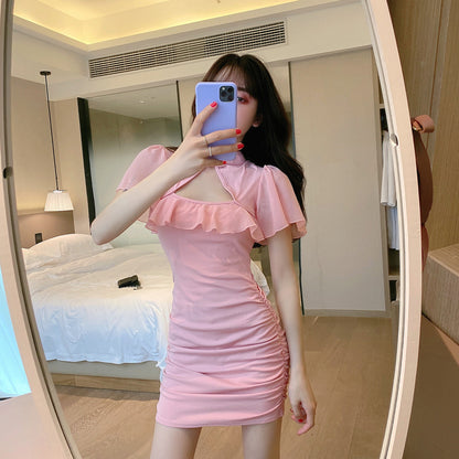 Gorgeous Pink Cutout Ruffles Trimmed Mini Skirt Hot Girls Clubwear Sheer Ruffles Short Sleeve Short Dress AP1649
